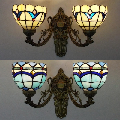Stained Glass Wall Sconce Bedroom Stair 2 Lights Tiffany Style Bowl Wall Light