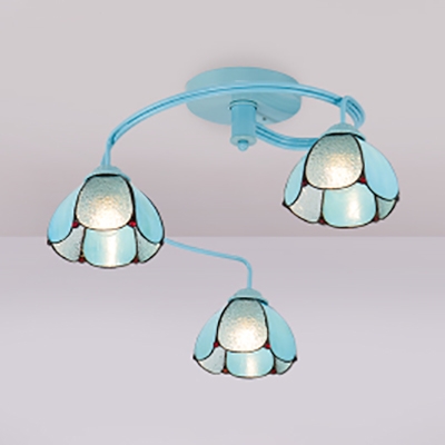 Tiffany Style Blue Semi Flush Light Dome 3/5 Lights Metal Ceiling Lamp for Living Room