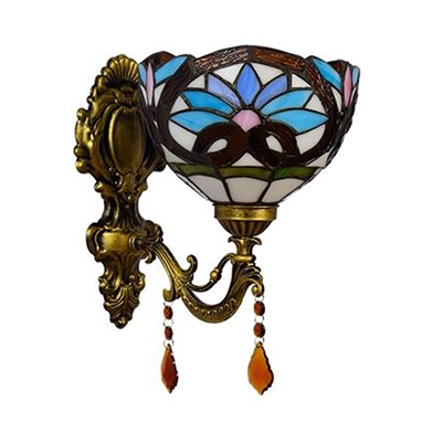 Tiffany Style Victorian Wall Light with Flower 1 Light Stained Glass Sconce Light with Crystal for Stair