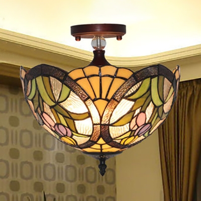 Traditional Flower Semi Flush Light Stained Glass 3/4 Lights Ceiling Fixture for Living Room