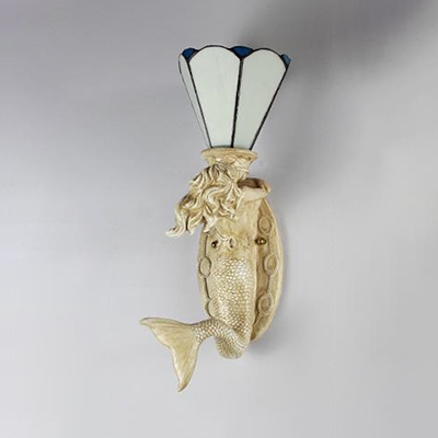 White/Blue Cone Wall Light 1 Light Mediterranean Style Resin and Stained Glass Sconce Light for Dining Room