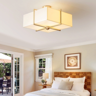 White Square Shade Semi Flushmount Ceiling 4 Lights Rustic Style Fabric Ceiling Light for Hotel