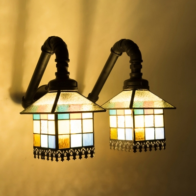 2 Lights House Wall Light Tiffany Style Stained Glass Sconce Light for Bedroom