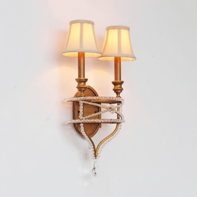 2 Lights Tapered Shade Light Fixture with Crystal Antique Style Metal Wall Lamp in Aged Silver/Gold for Hotel