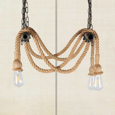 4 Lights Jute Rope Pendant Lighting with Open Bulb and Hanging Chain Rustic Chandelier Lighting