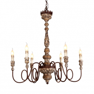 6 Lights Twist Arm Chandelier with Candle Shape Antique Style Wood Pendant Light for Dining Room Coffee Shop