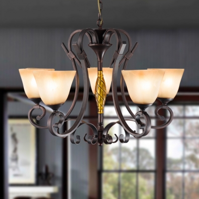 American Rustic Hanging Light Dome Shade 5/6/8 Lights Frosted Glass & Metal Chandelier for Dining Room