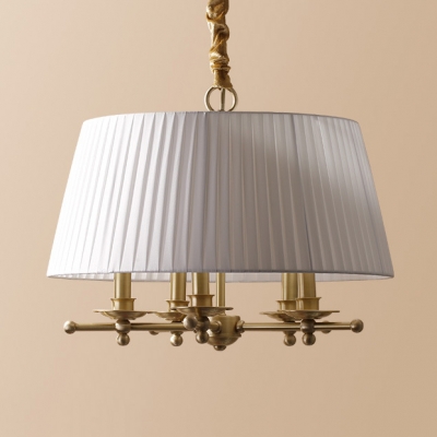 Beige/White Tapered Chandelier 5 Lights Elegant Style Fabric Hanging Light for Hotel Bedroom