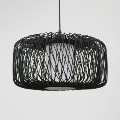 Black Drum Shape Ceiling Light Single Light Bamboo Antique Style Pendant Lighting for Dining Room