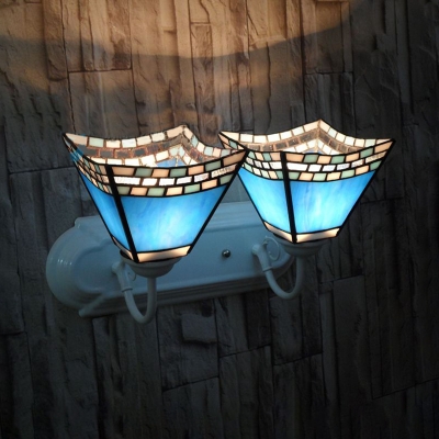 Blue Trapezoid Sconce Light 2 Lights Mediterranean Style Stained Glass Wall Lamp for Kitchen