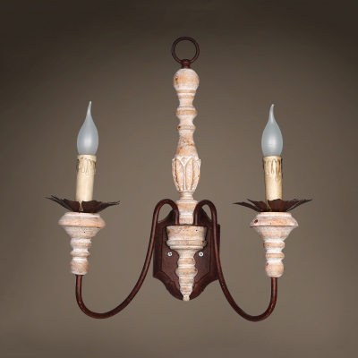 Candle Shape Wall Lamp Dining Room Foyer Wood and Metal 2 Lights Rustic Style Sconce Wall Light
