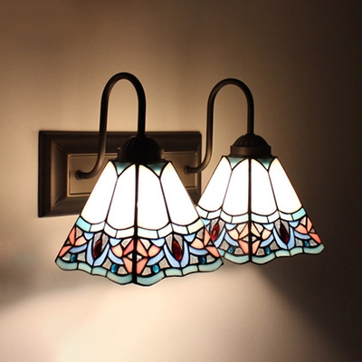 Cone Shade Wall Light 2 Lights Tiffany Style Stained Glass Sconce Light for Bedroom Kitchen