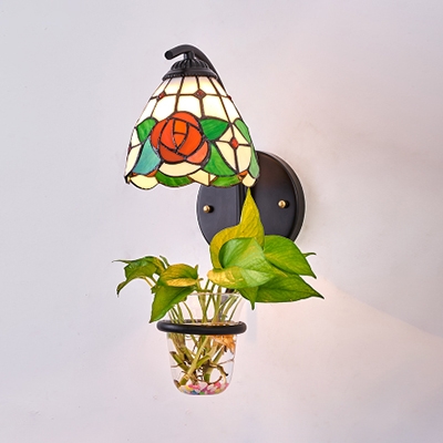 Down Lighting Wall Lamp 1 Light Tiffany Stained Glass Wall Light with Plant Decoration for Bedroom