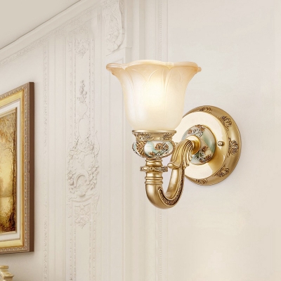 Elegant Style Flower Shade Wall Sconce 1 Light Frosted Metal Wall Lamp with Carved Arm in Brass