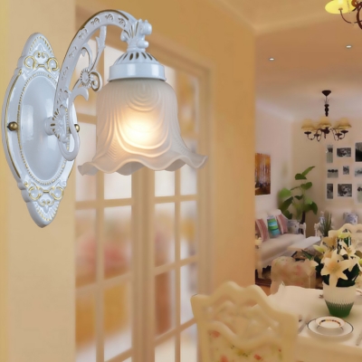 European Style Flower Shade Wall Sconce 1 Light Metal Frosted Glass Sconce Light in White for Hallway