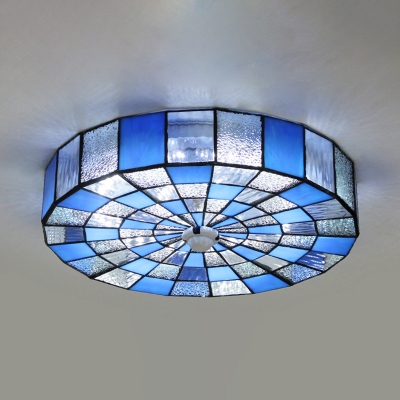Glass Drum Flush Mount Light Living Room 1 Light European Style Ceiling Lamp in White/Blue