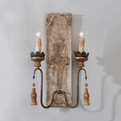 Hallway Stair Candle Shape Light Fixture Metal Wood 2 Lights Antique Style Sconce Light