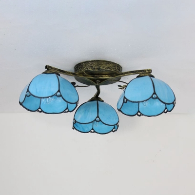 Living Room Dome Ceiling Lamp Clear/Blue/Yellow/Colorful Glass 3 Lights Antique Semi Flush Mount Light