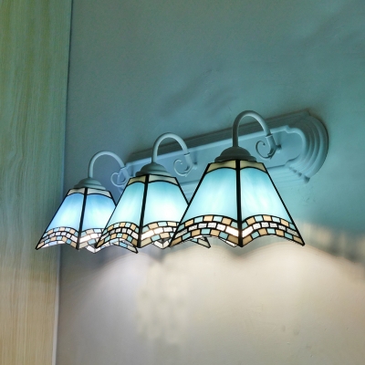 Mediterranean Style Cone Wall Sconce Glass 3 Lights Beige/Blue/Sky Blue Wall Lamp for Living Room