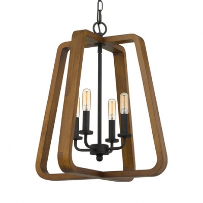 Melon Shade Dining Room Pendant Light Wood and Metal 4 Lights Rustic Style Chandelier in Black