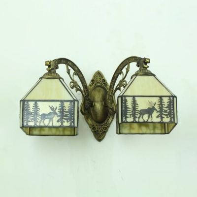 Rustic House Shape Wall Light with Deer Decoration 2 Lights Glass Sconce Light for Kitchen