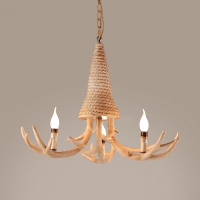 Rustic Style Deer Horn Chandelier Resin and Rope 3/5 Lights Beige Pendant Lighting for Bedroom Dining Room