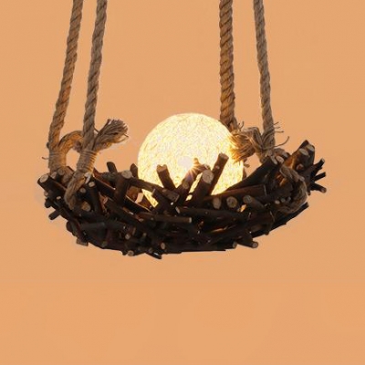 Rustic Style Globe Rattan Shade Hanging Fixture 1/3-Light Ceiling Lighting for Bedroom with Bird Nest Design