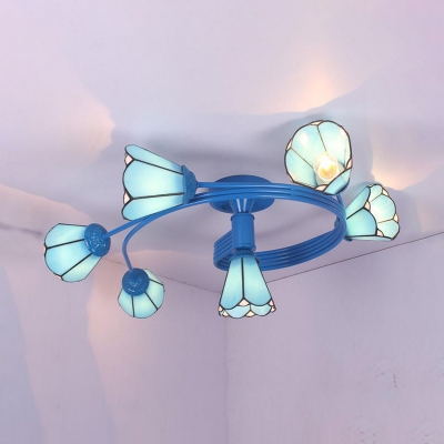 Rustic White/Blue Ceiling Light Cone 6 Lights Glass Semi Flush Mount Light for Living Room