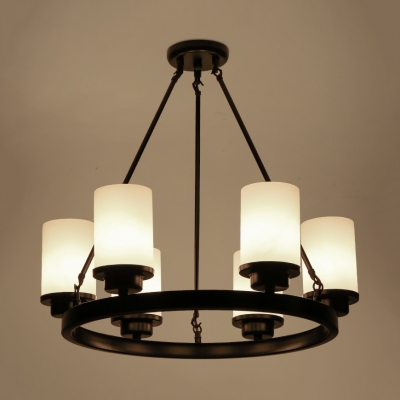 Simple Style Cylinder Chandelier Frosted Glass 3/6/8 Lights Black Pendant Light for Dining Room