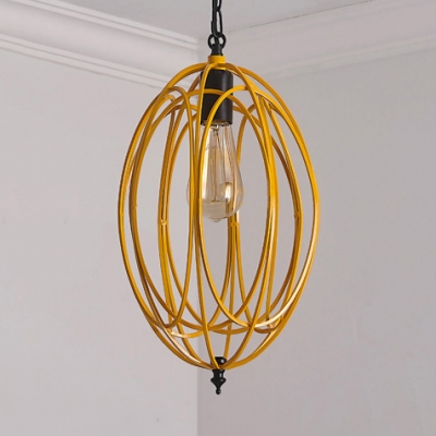 Single Light Oval Pendant Light with Colorful Metal Cage Height Adjustable Industrial Hanging Light