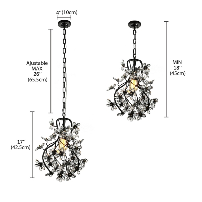 Sparkling Clear Crystal Floral and Swirled Branches Frame Black Wrought Iron Chandelier