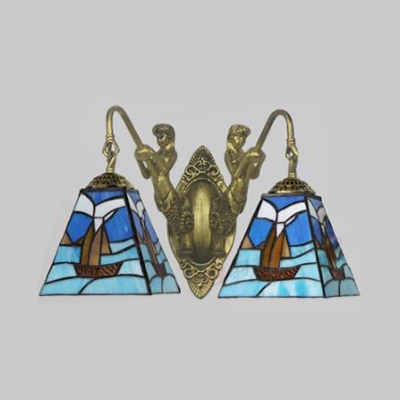 Stained Glass Boat Sconce Light 2 Lights Tiffany Style Wall Lamp with Mermaid for Bedroom