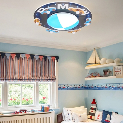 Blue Round Ceiling Mount Light Boy Girl Bedroom Creative Car Pattern Flush Mount Light