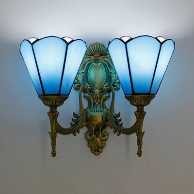 Vintage Style Cone Wall Light Glass 2 Lights Blue Sconce Light for Dining Room Bathroom
