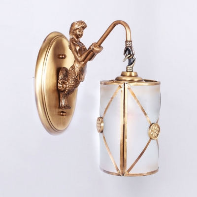 Vintage Style Cylinder Shade Sconce Light Metal 1 Light Brass Wall Light with Mermaid Decoration for Living Room