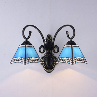 2 Lights Tapered Wall Light Mediterranean Style Stained Glass Sconce Light for Bathroom