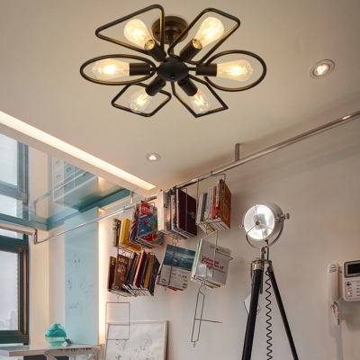 6 Lights Flower Shape Semi Flush Light Industrial Metal Ceiling Light in Black for Living Room