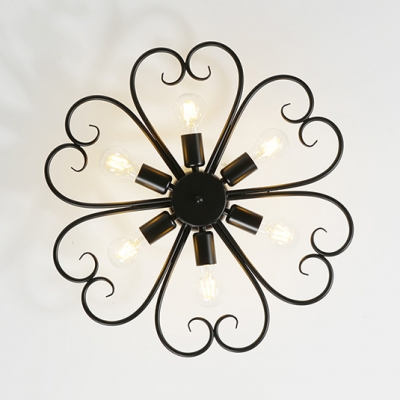 6 Lights Flower Shape Semi Flush Light Industrial Metal Ceiling Light in Black for Living Room