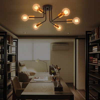6/10 Lights Open Bulb Semi Flush Ceiling Light Traditional Metal Light Fixture in Black for Bedroom Restaurant Hotel