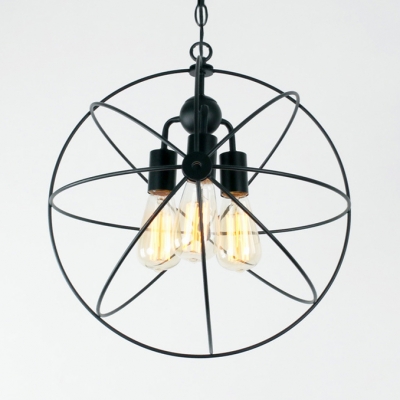 Antique Globe Chandelier Light 3 Lights Metal Hanging Lamp in Black for Living Room