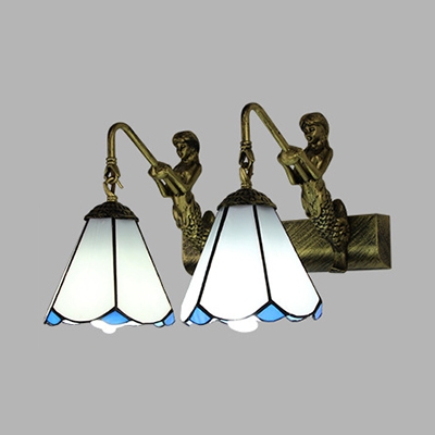 Bathroom Cone Wall Light with Mermaid Decoration Glass 2 Lights Tiffany Style Wall Sconce