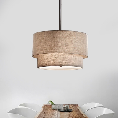 Beige/Black/White Drum Chandelier 3 Lights Rustic Style Fabric Suspension Light for Kitchen