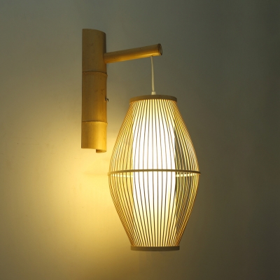 Beige Curved Wall Light Single Light Vintage Style Bamboo Hanging Wall Sconce for Bedroom Living Room