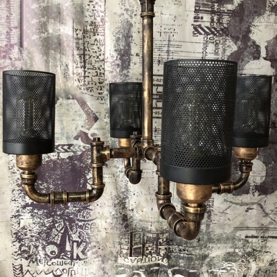 Black Cylinder Chandelier Lighting with Metal Mesh 4 Lights Vintage Rustic Ceiling Pendant in Antique Bronze