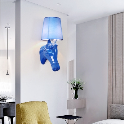 Blue Tapered Shade Wall Lamp with House Decoration 1 Light Classic Fabric and Resin Sconce Light for Hotel Shop