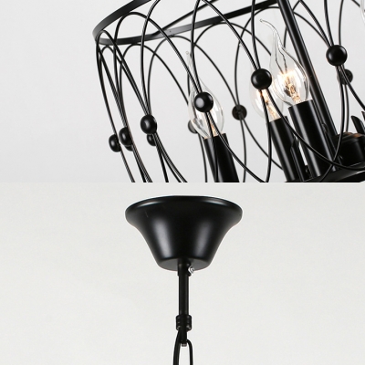 Candle Living Room Chandelier with Drum Shape Metal 6 Lights Traditional Hanging Light in Black