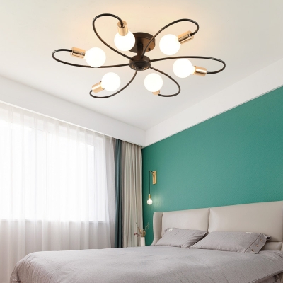 Creative Black Semi Flush Mount Light with Twist Arm 3/6/8 Lights Metal Ceiling Lamp for Bedroom