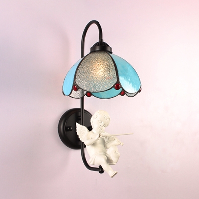 Flower Shape Wall Lamp with Bird/Angel Decoration 1 Light Tiffany Style Glass Sconce Light for Restaurant