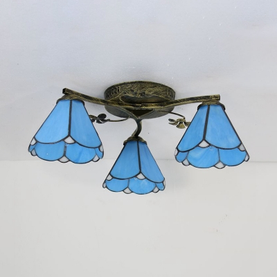 Glass Conical Ceiling Mounted Light 3/5 Light Tiffany Style Semi Flush Mounted Light for Study