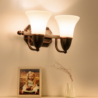Glass Metal Bell Shade Wall Light 1/2 Lights Antique Style Sconce Light for Bedroom Dining Room
